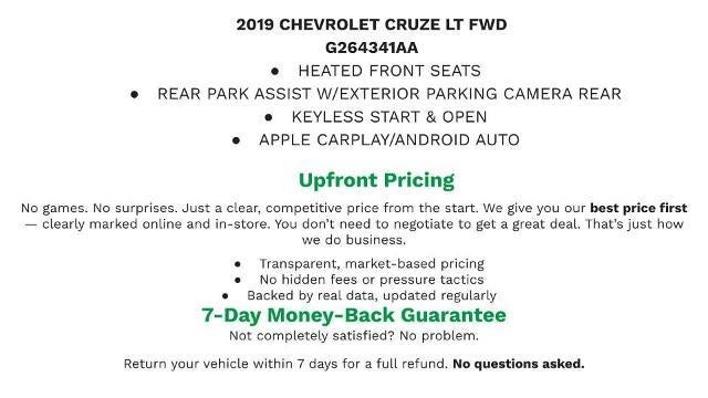 Used 2019 Chevrolet Cruze LT with VIN 3G1BE6SM3KS571273 for sale in Manitowoc, WI