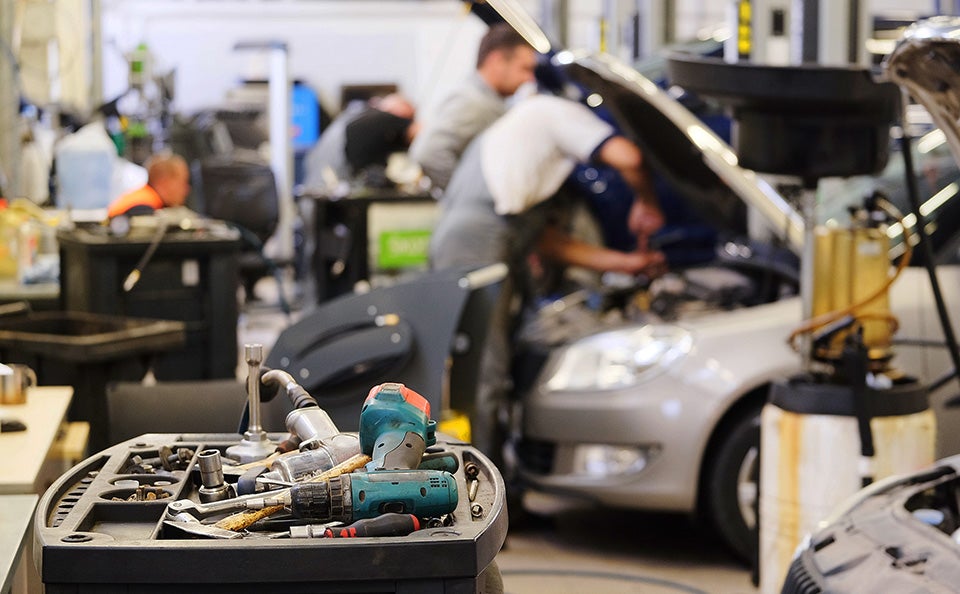 Inside of a mechanics shop while a car is being serviced - Bergstrom Chevrolet GMC of Manitowoc in MANITOWOC WI